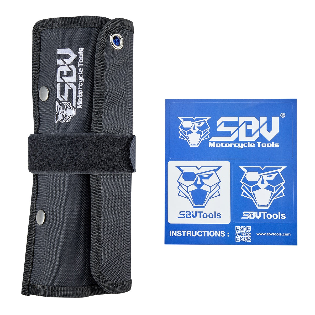 The tool set rolled up in its black outer shell with the SBV logo