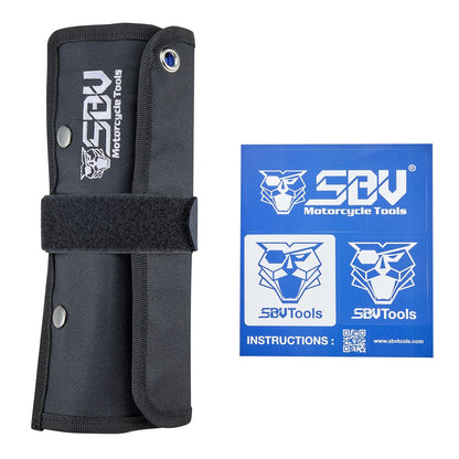 The tool set rolled up in its black outer shell with the SBV logo