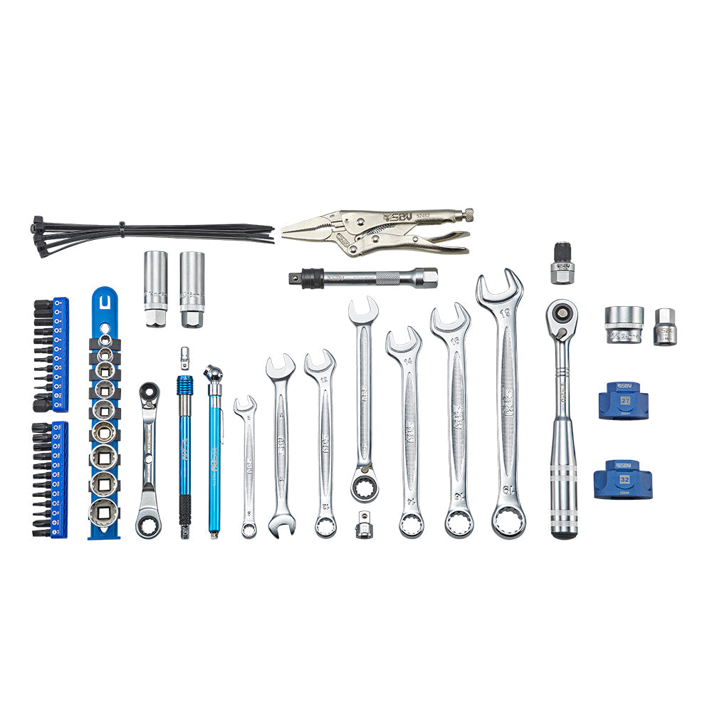 Every tool in the Husqvarna motorcycle tool set laid out flat