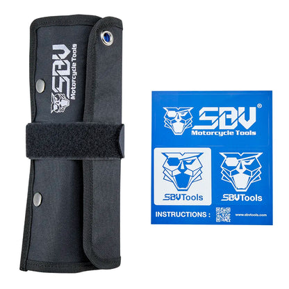 The tool set rolled up in its black outer shell with the SBV logo