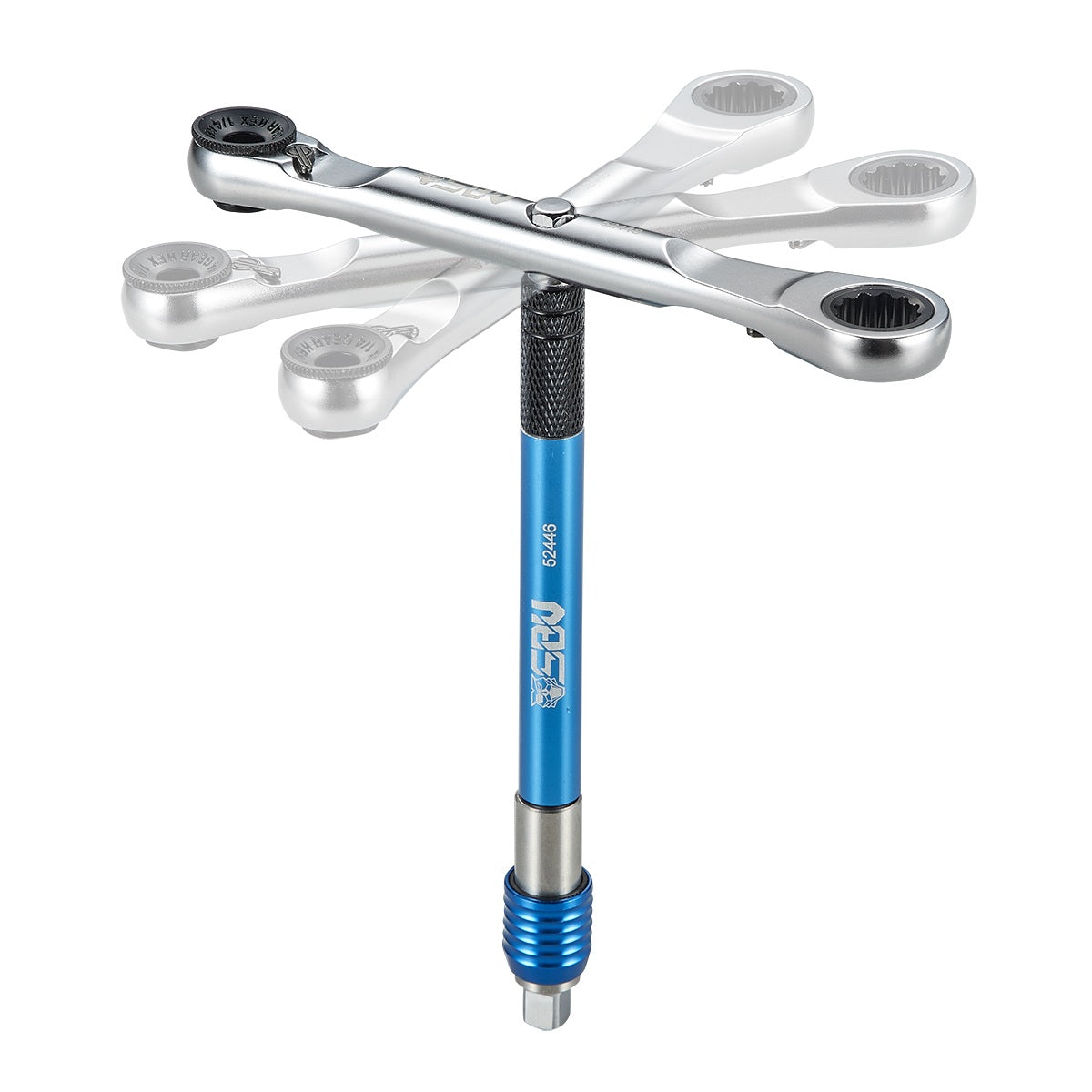 Ratcheting spanner and socket, shown through its range of movement