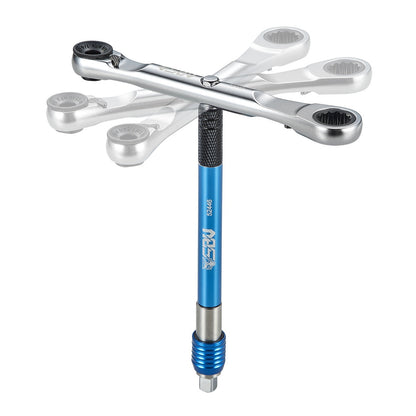 Ratcheting spanner and socket, shown through its range of movement